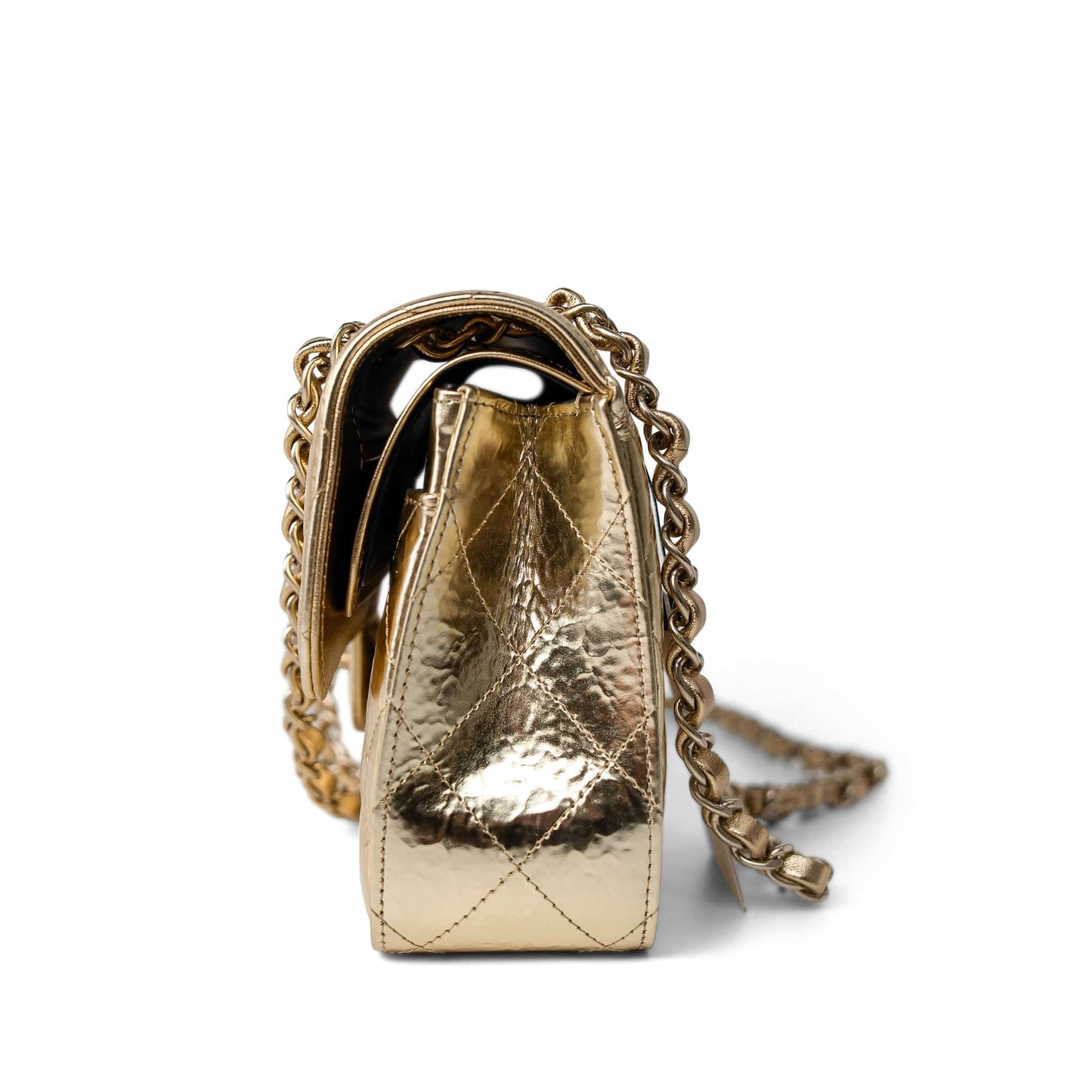 Metallic Hammered Gold Calfskin Quilted Small Double Flap Gold/Black