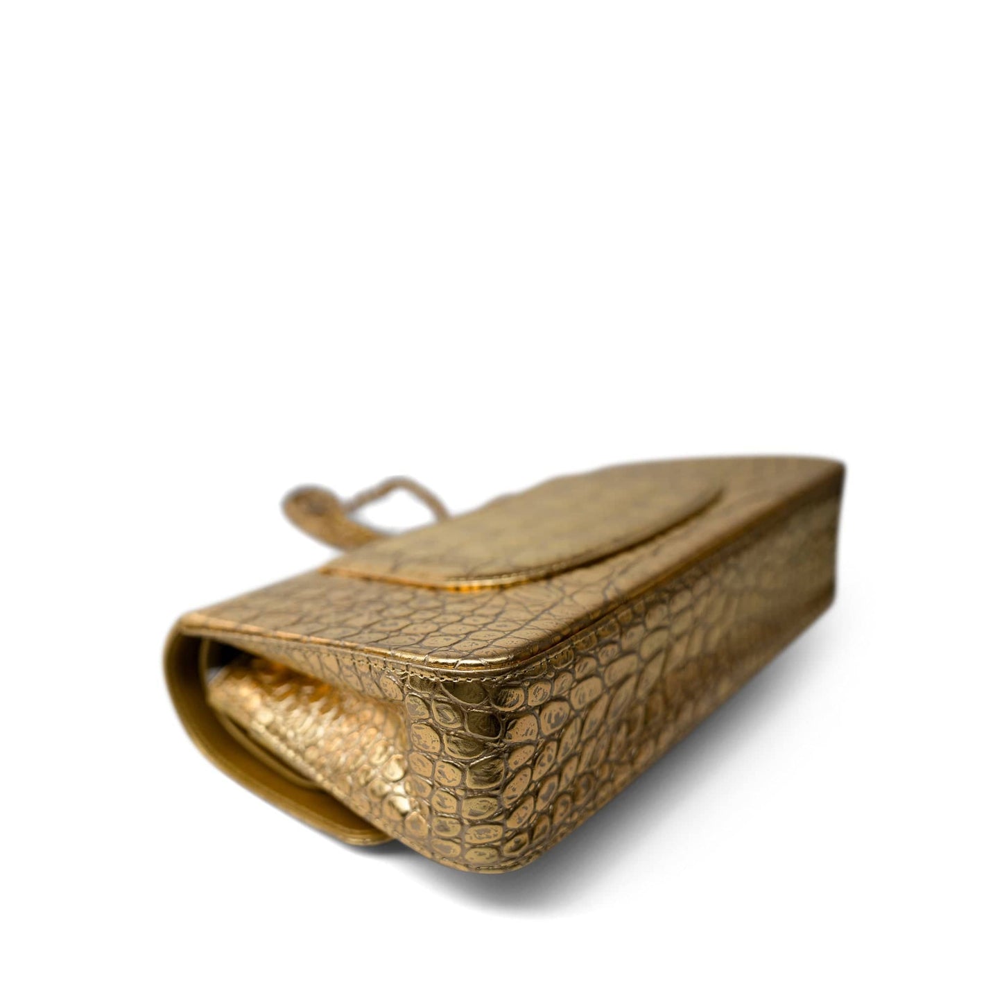 Metallic Calfskin Crocodile Embossed Classic Flap Medium Antique Gold Hardware