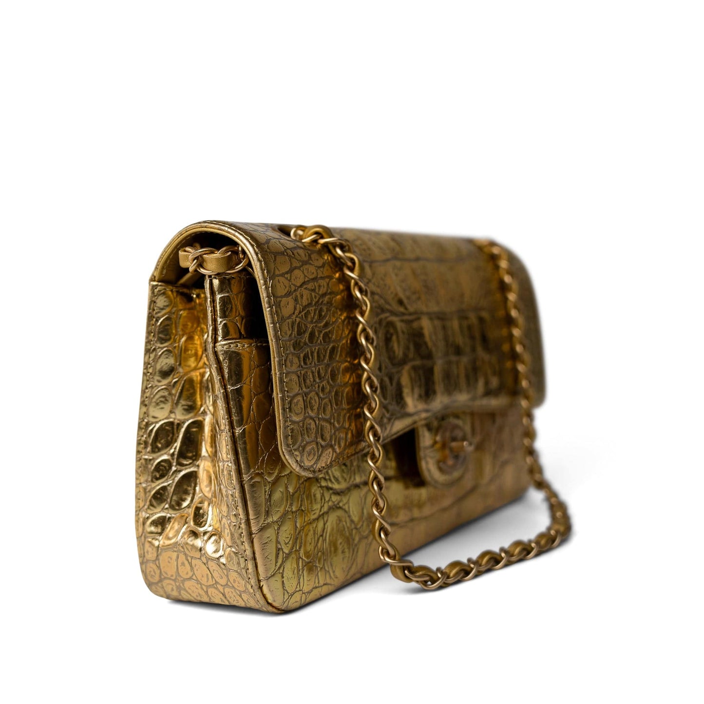 Metallic Calfskin Crocodile Embossed Classic Flap Medium Antique Gold Hardware