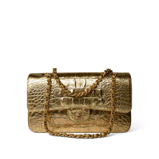 Metallic Calfskin Crocodile Embossed Classic Flap Medium Antique Gold Hardware