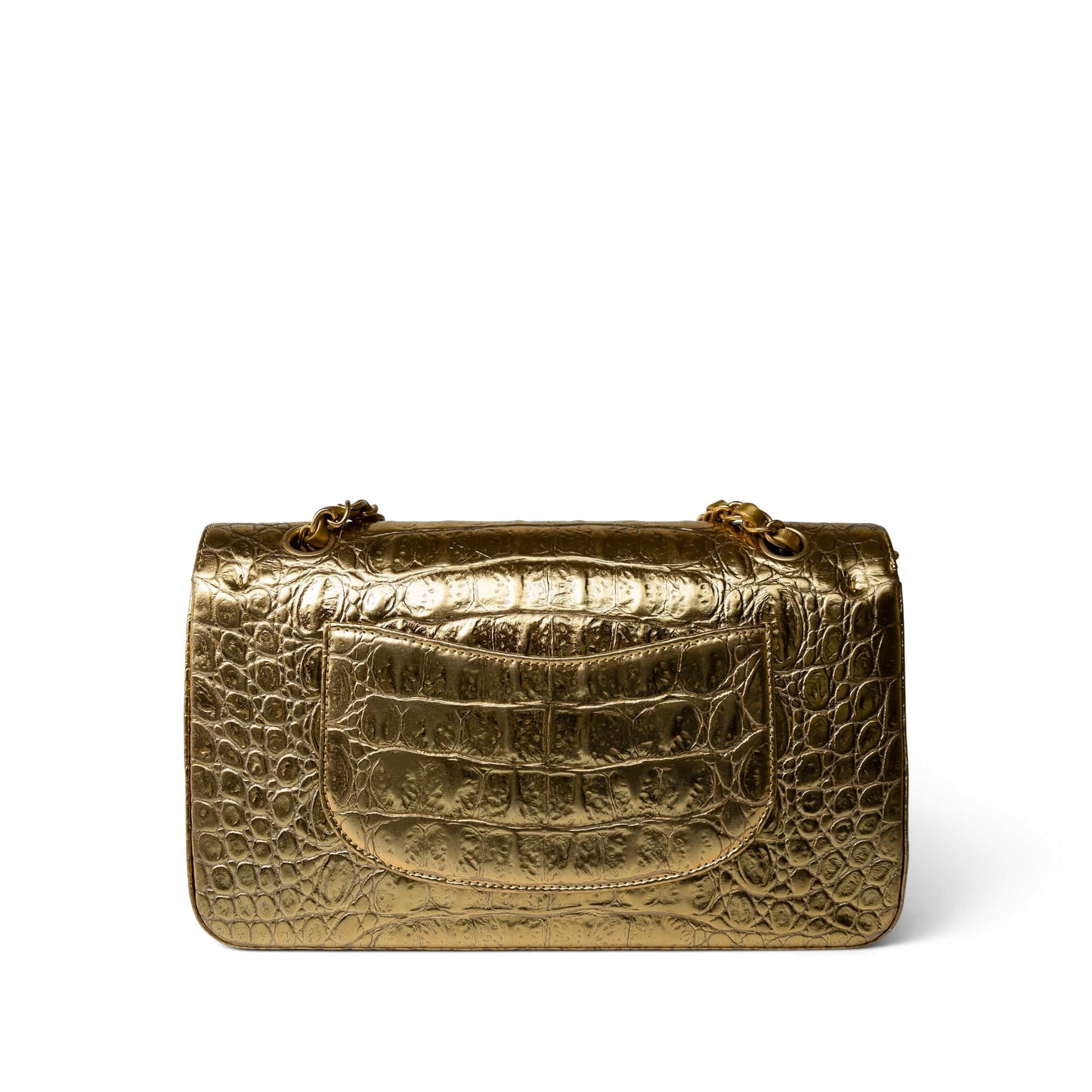 Metallic Calfskin Crocodile Embossed Classic Flap Medium Antique Gold Hardware