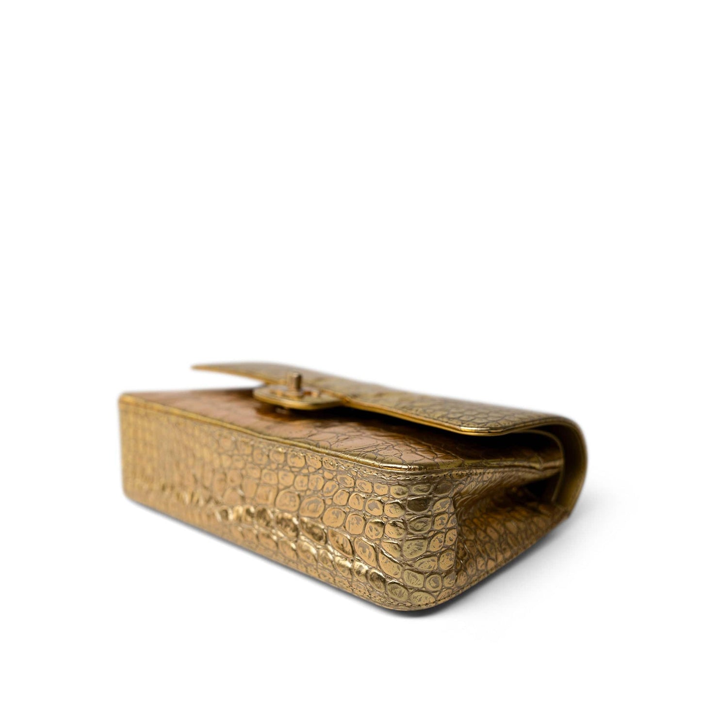 Metallic Calfskin Crocodile Embossed Classic Flap Medium Antique Gold Hardware