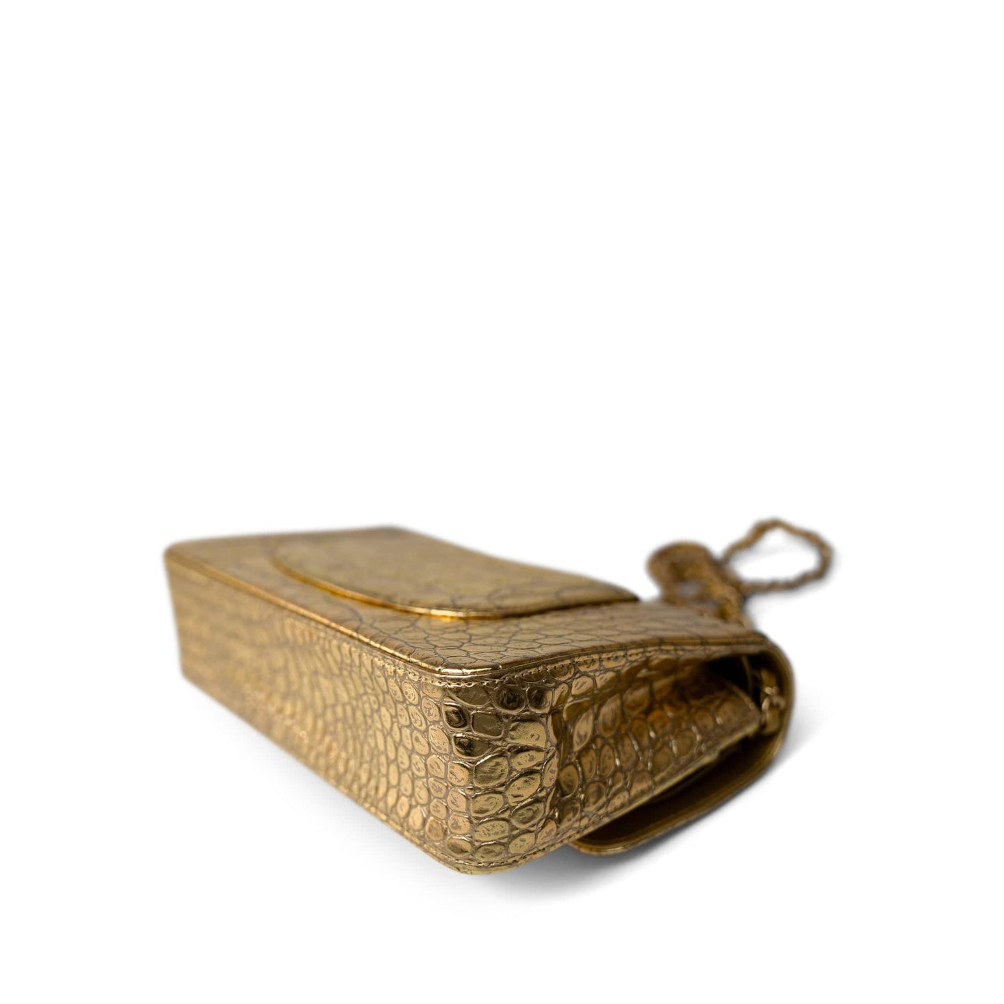 Metallic Calfskin Crocodile Embossed Classic Flap Medium Antique Gold Hardware