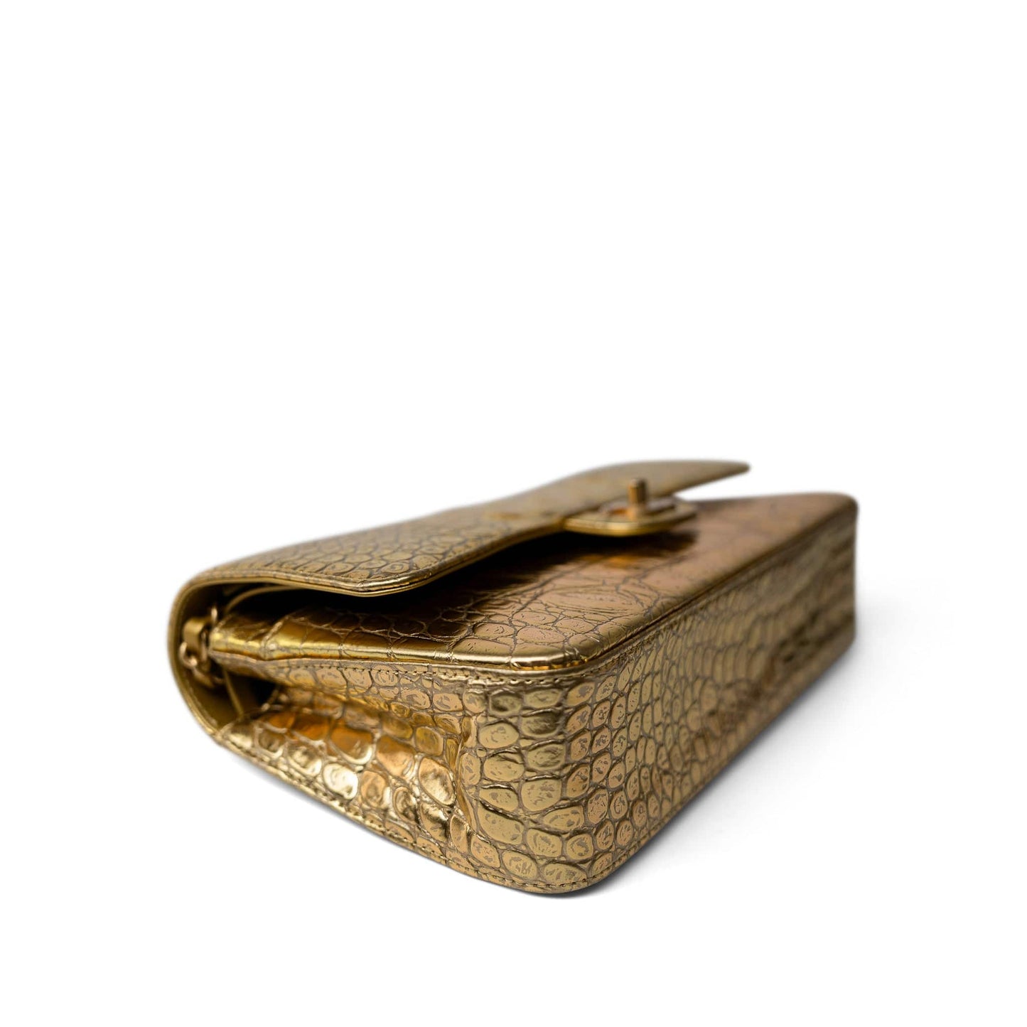 Metallic Calfskin Crocodile Embossed Classic Flap Medium Antique Gold Hardware