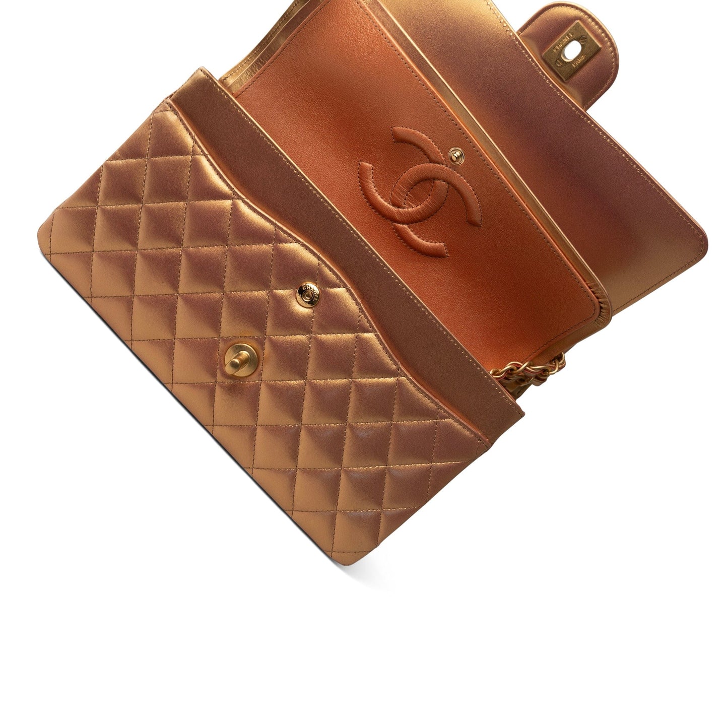 Metallic Gold Iridescent Calfskin Quilted Classic Flap Medium Aged Gold Hardware