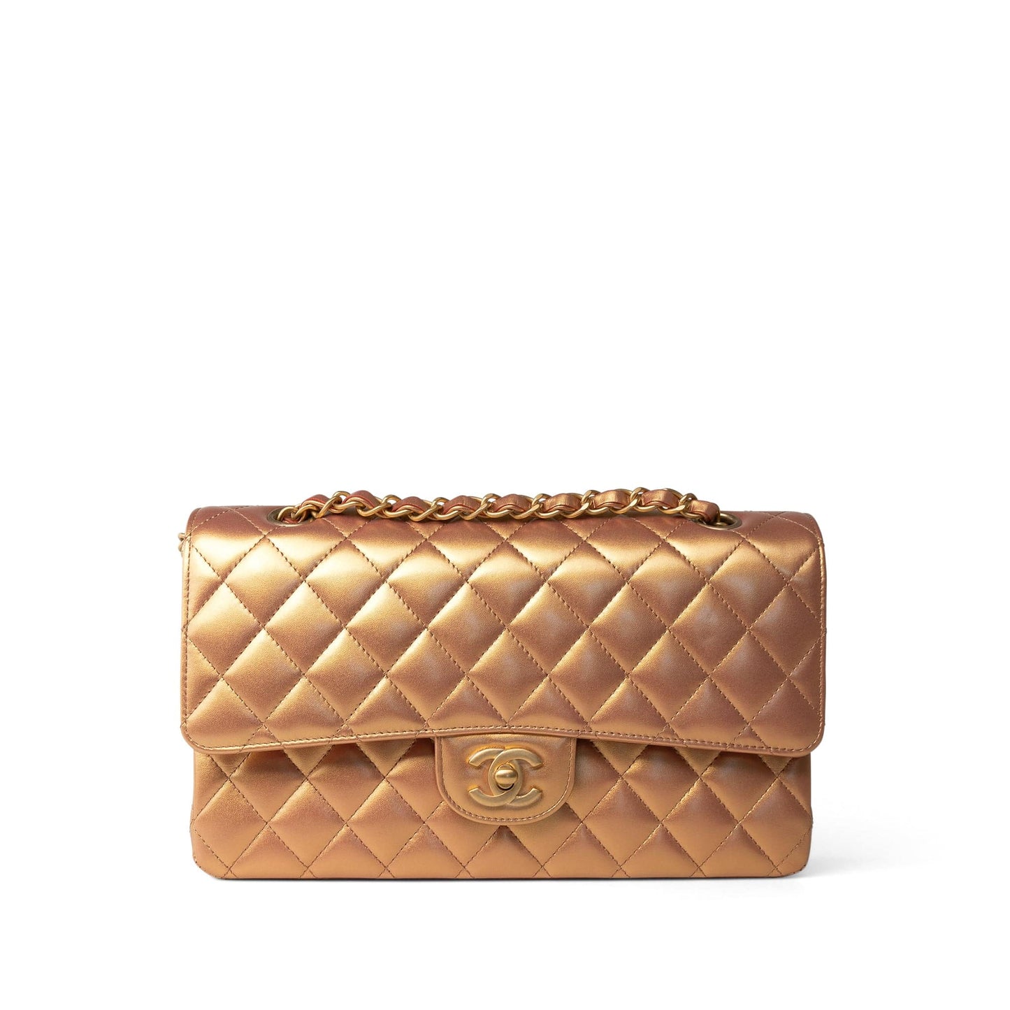 Metallic Gold Iridescent Calfskin Quilted Classic Flap Medium Aged Gold Hardware
