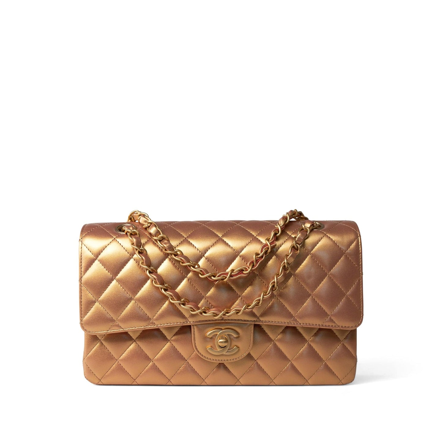 Metallic Gold Iridescent Calfskin Quilted Classic Flap Medium Aged Gold Hardware