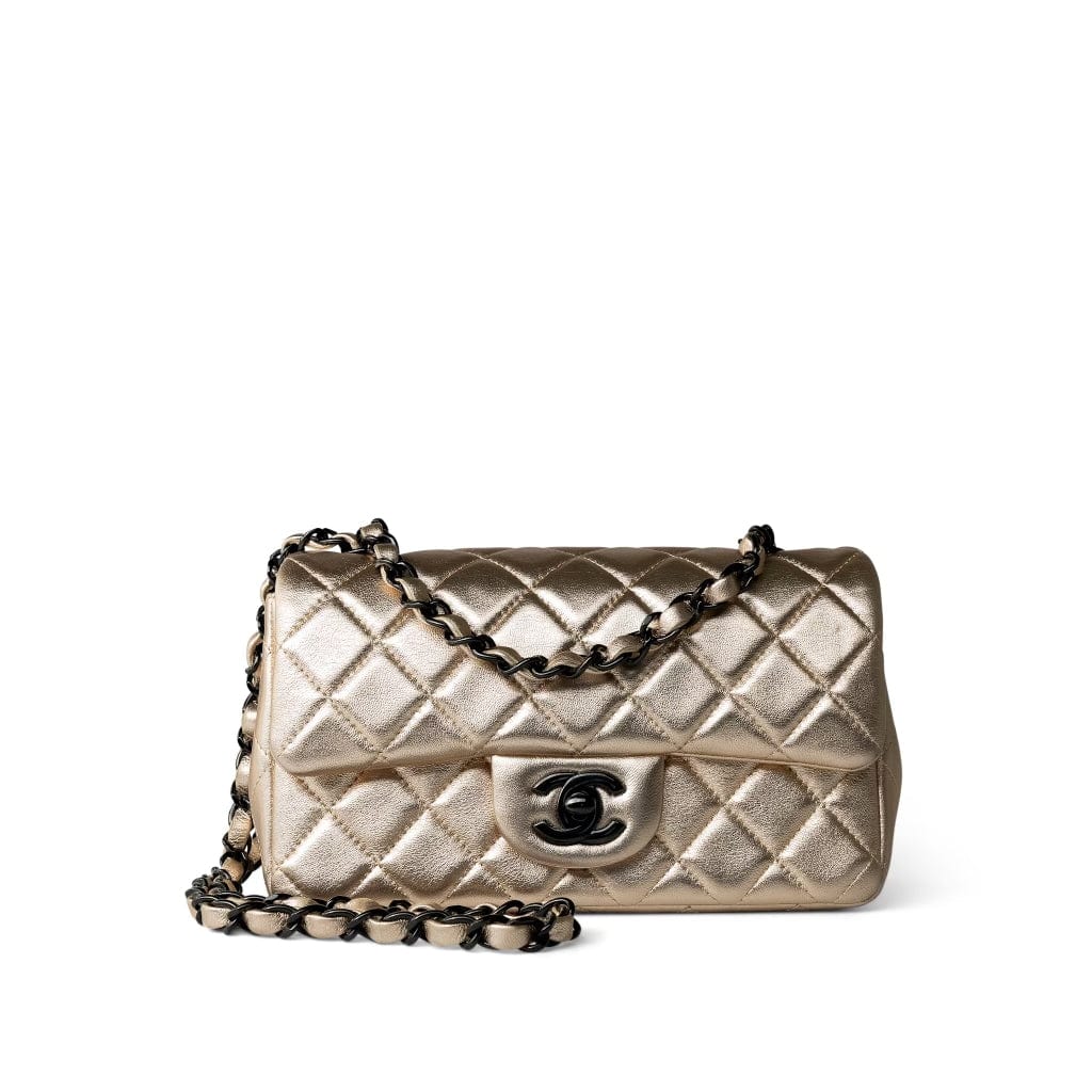 Metallic Gold Lambskin Quilted Mini Rectangular Flap