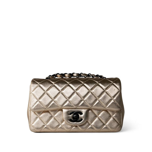 Metallic Gold Lambskin Quilted Mini Rectangular Flap
