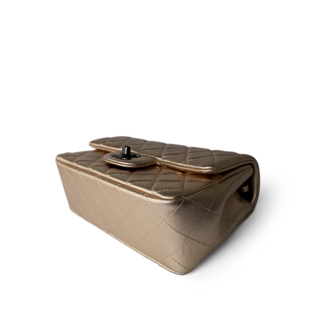 Metallic Gold Lambskin Quilted Mini Rectangular Flap