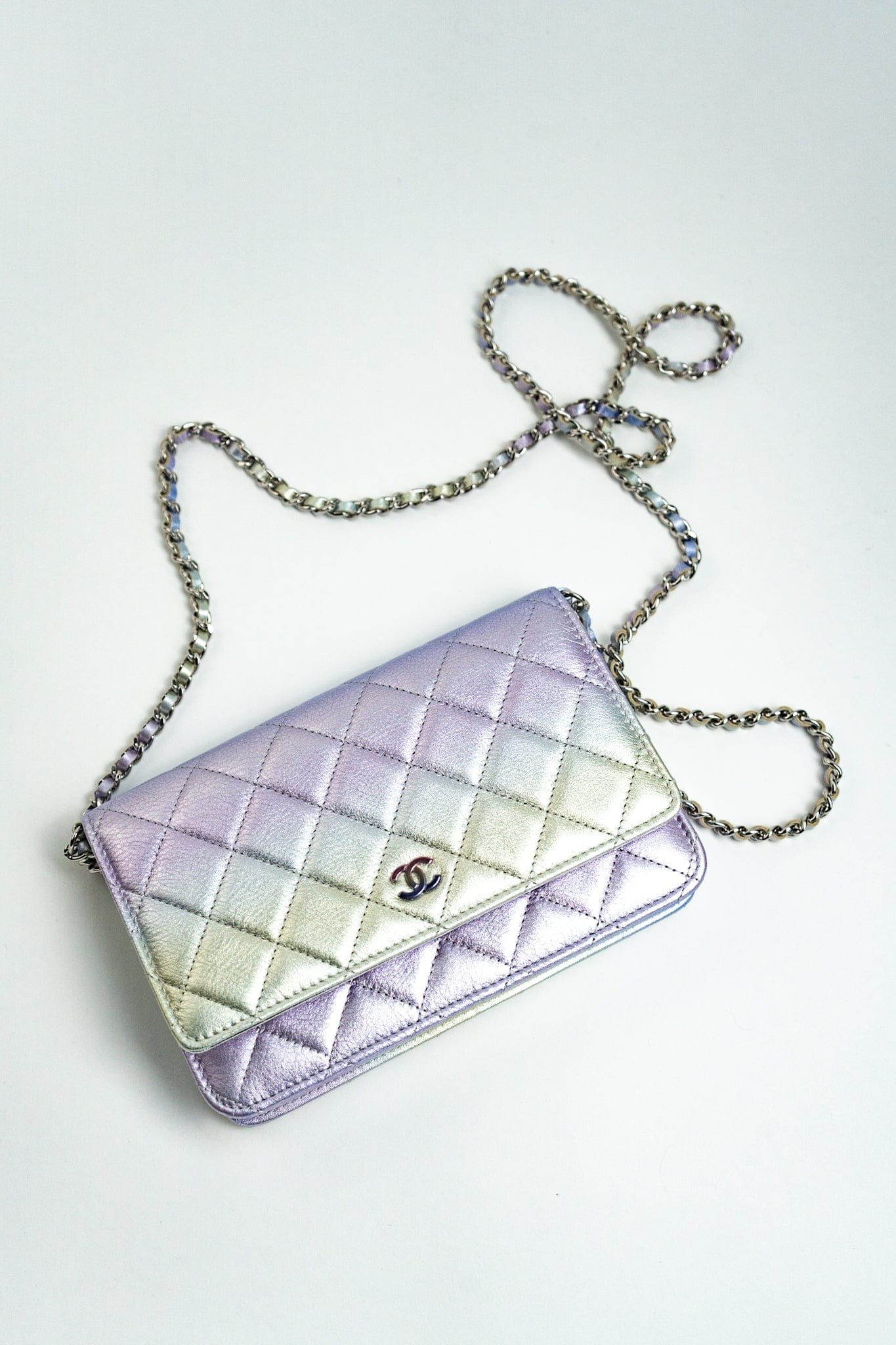21K Gradient Metallic Rainbow Calfskin Quilted Wallet on Chain (WOC)
