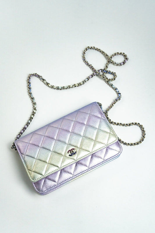 21K Gradient Metallic Rainbow Calfskin Quilted Wallet on Chain (WOC)