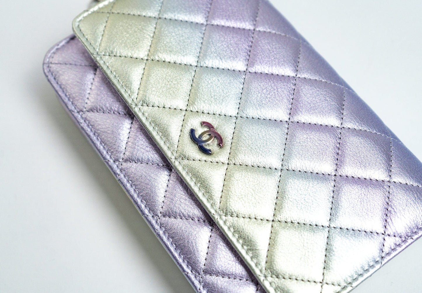 21K Gradient Metallic Rainbow Calfskin Quilted Wallet on Chain (WOC)