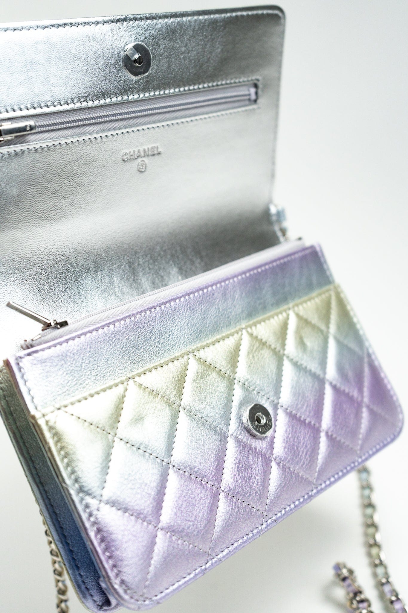 21K Gradient Metallic Rainbow Calfskin Quilted Wallet on Chain (WOC)
