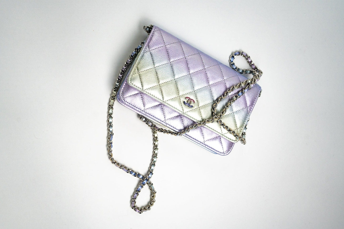 21K Gradient Metallic Rainbow Calfskin Quilted Wallet on Chain (WOC)
