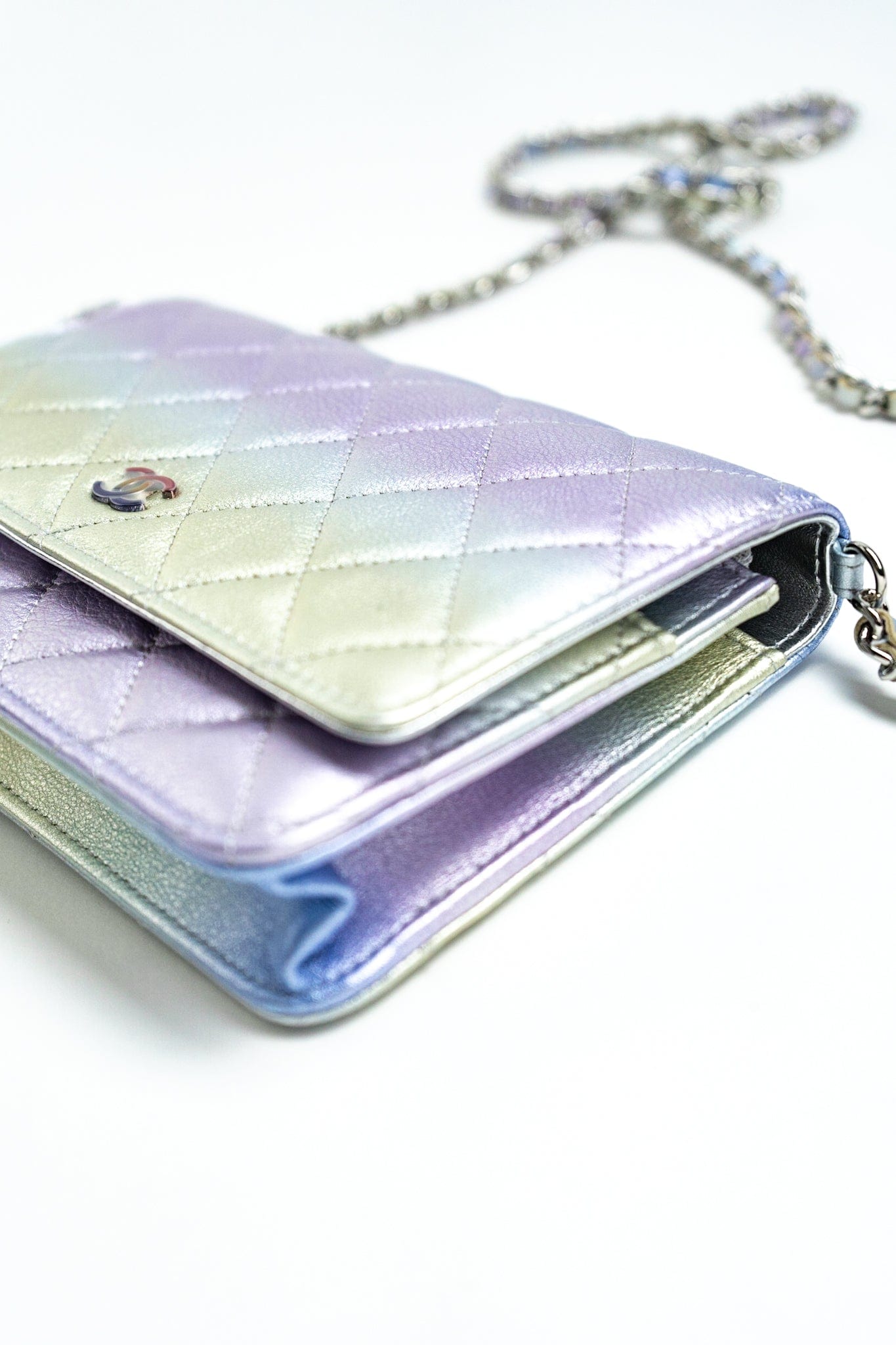 21K Gradient Metallic Rainbow Calfskin Quilted Wallet on Chain (WOC)