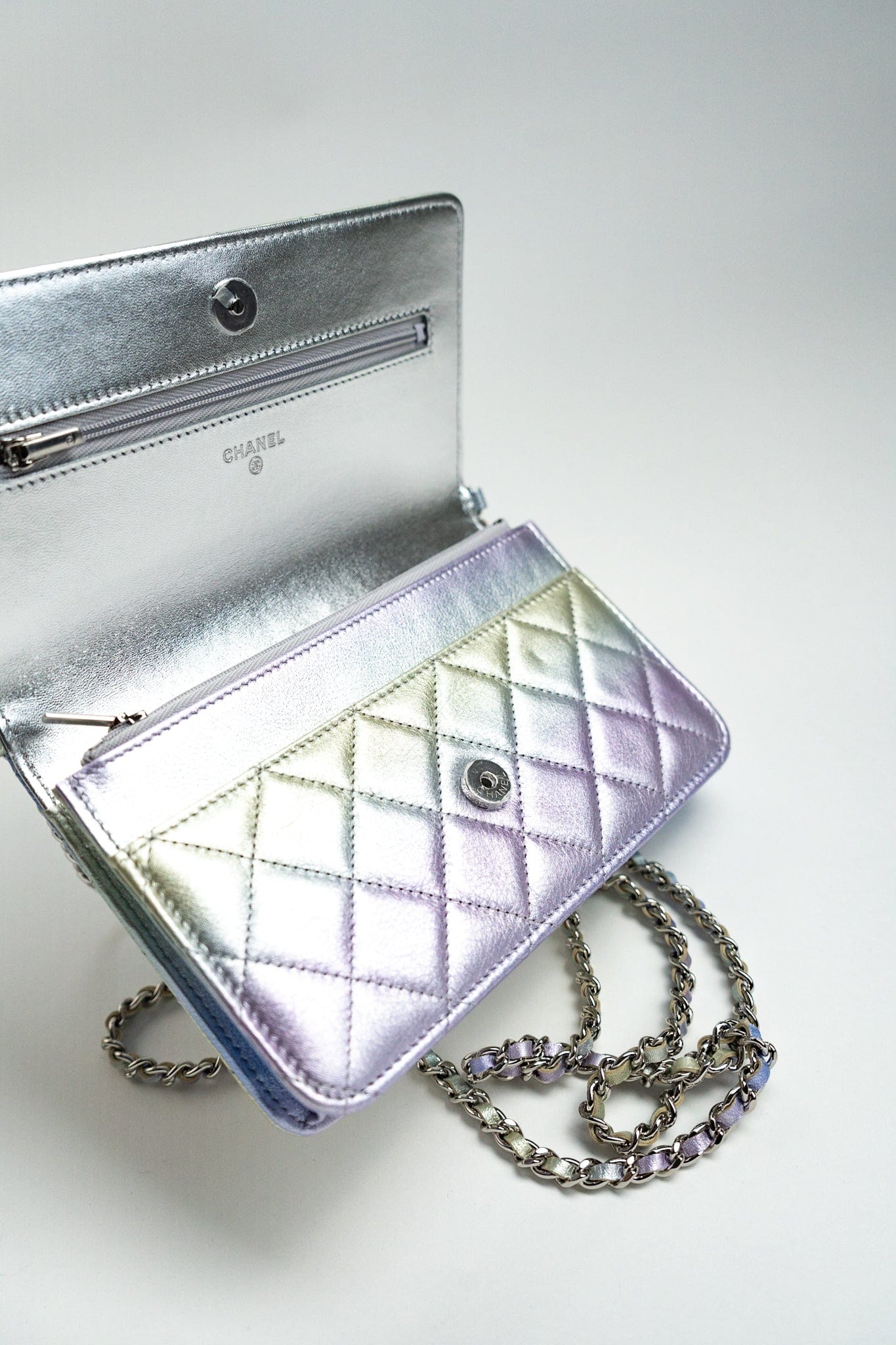 21K Gradient Metallic Rainbow Calfskin Quilted Wallet on Chain (WOC)