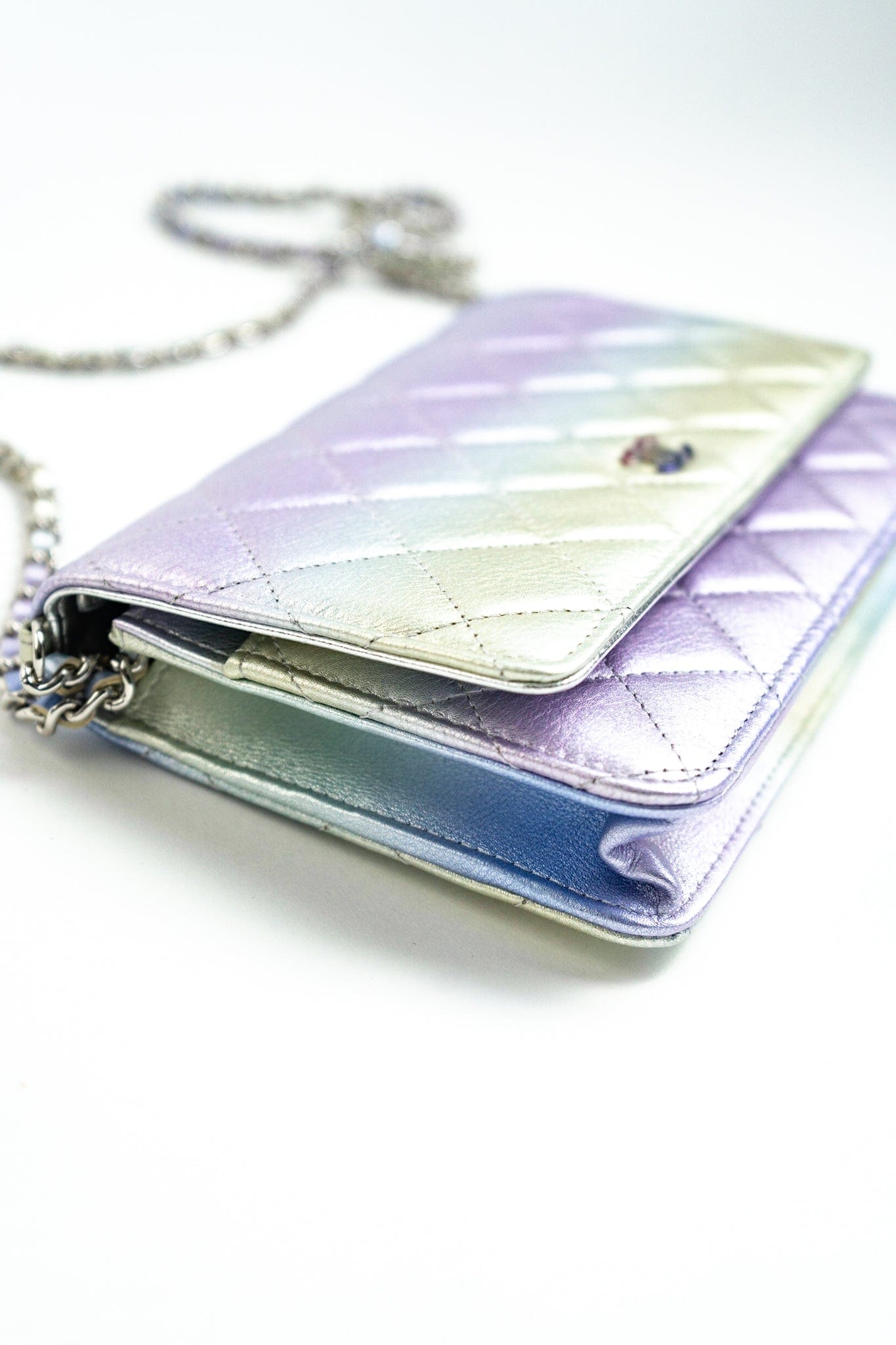 21K Gradient Metallic Rainbow Calfskin Quilted Wallet on Chain (WOC)