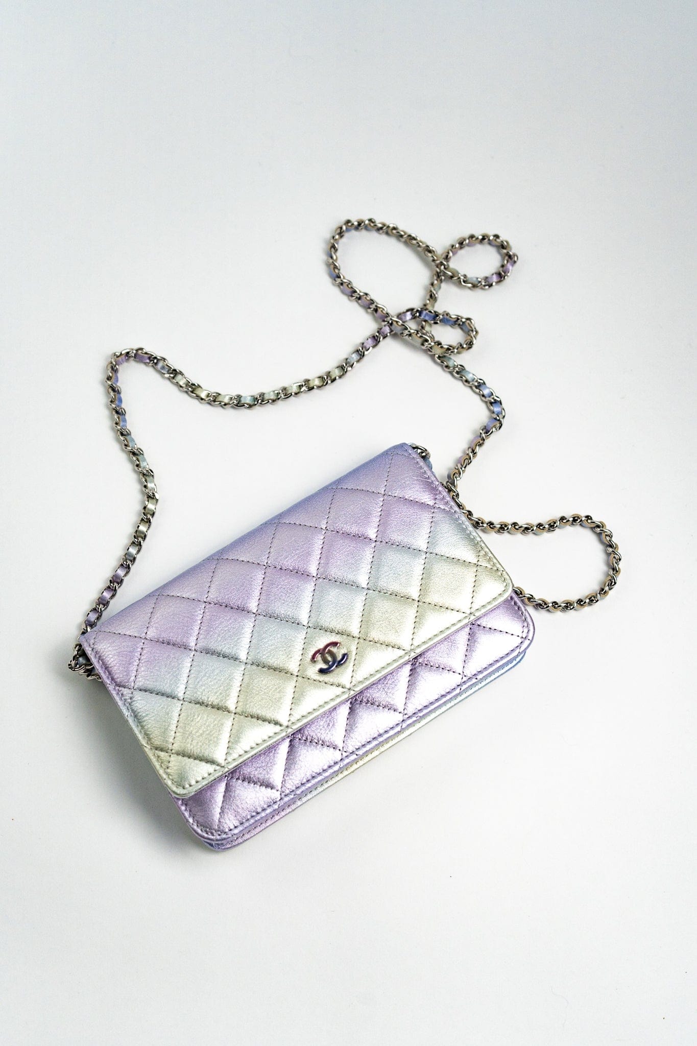 21K Gradient Metallic Rainbow Calfskin Quilted Wallet on Chain (WOC)