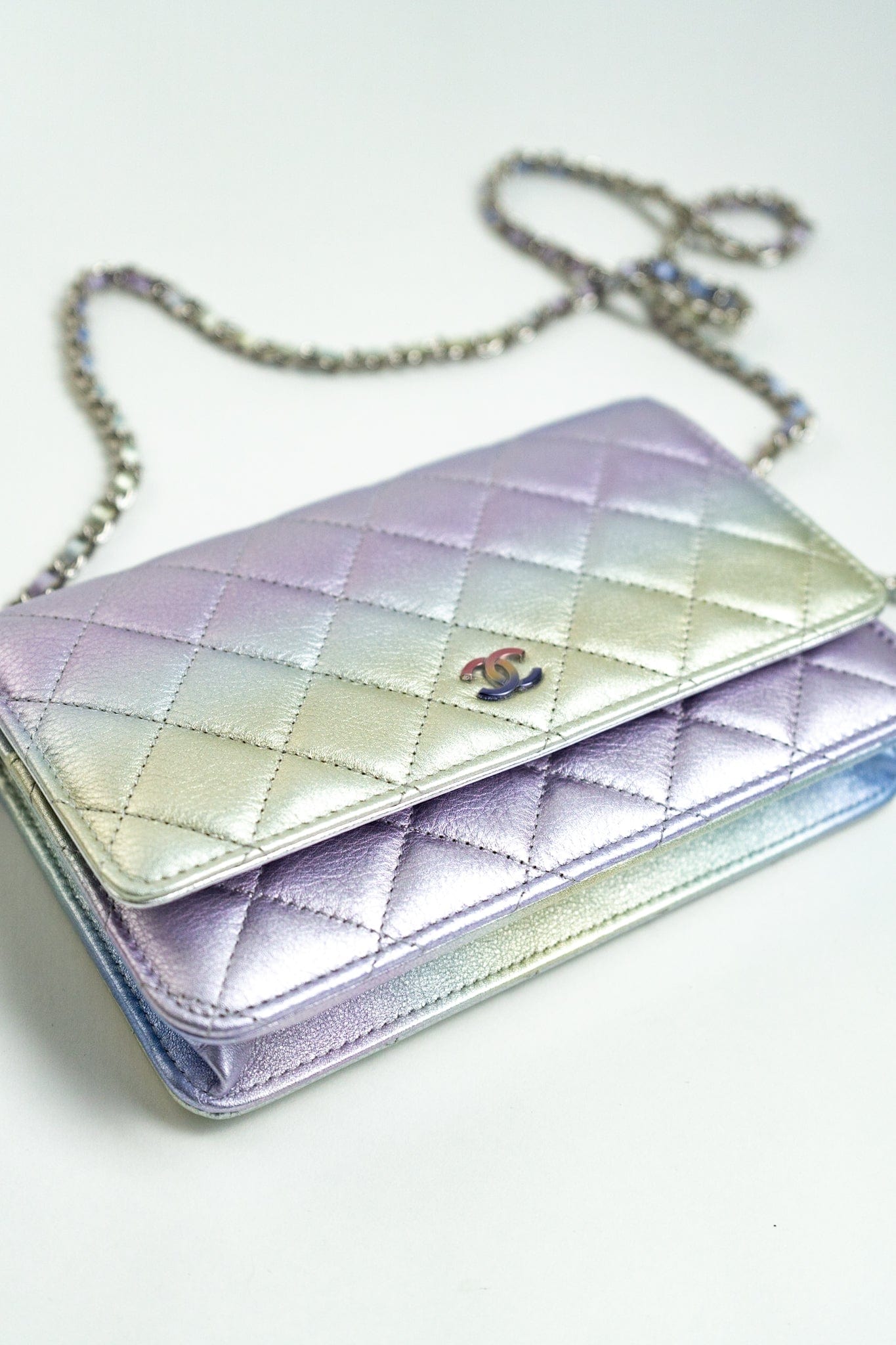 21K Gradient Metallic Rainbow Calfskin Quilted Wallet on Chain (WOC)
