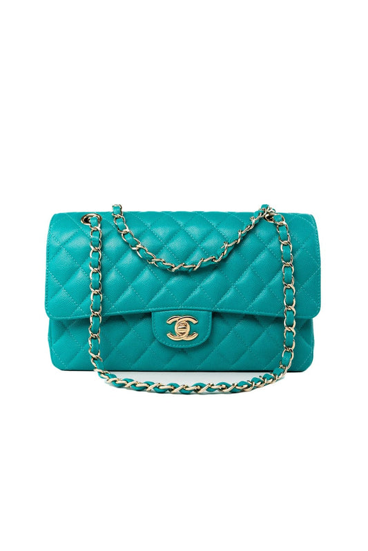 17C Turquoise Caviar Quilted Classic Flap Medium LGHW w/ Edge Stitching