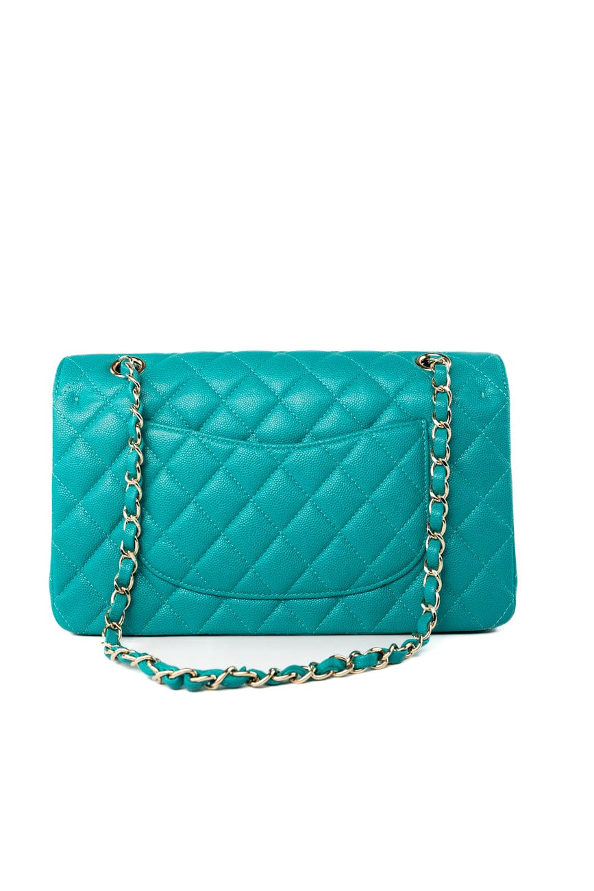 17C Turquoise Caviar Quilted Classic Flap Medium LGHW w/ Edge Stitching
