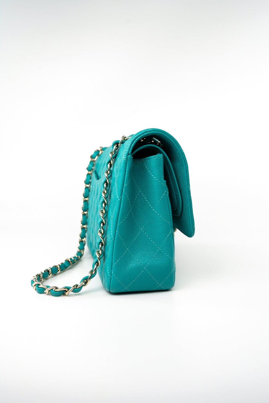 17C Turquoise Caviar Quilted Classic Flap Medium LGHW w/ Edge Stitching