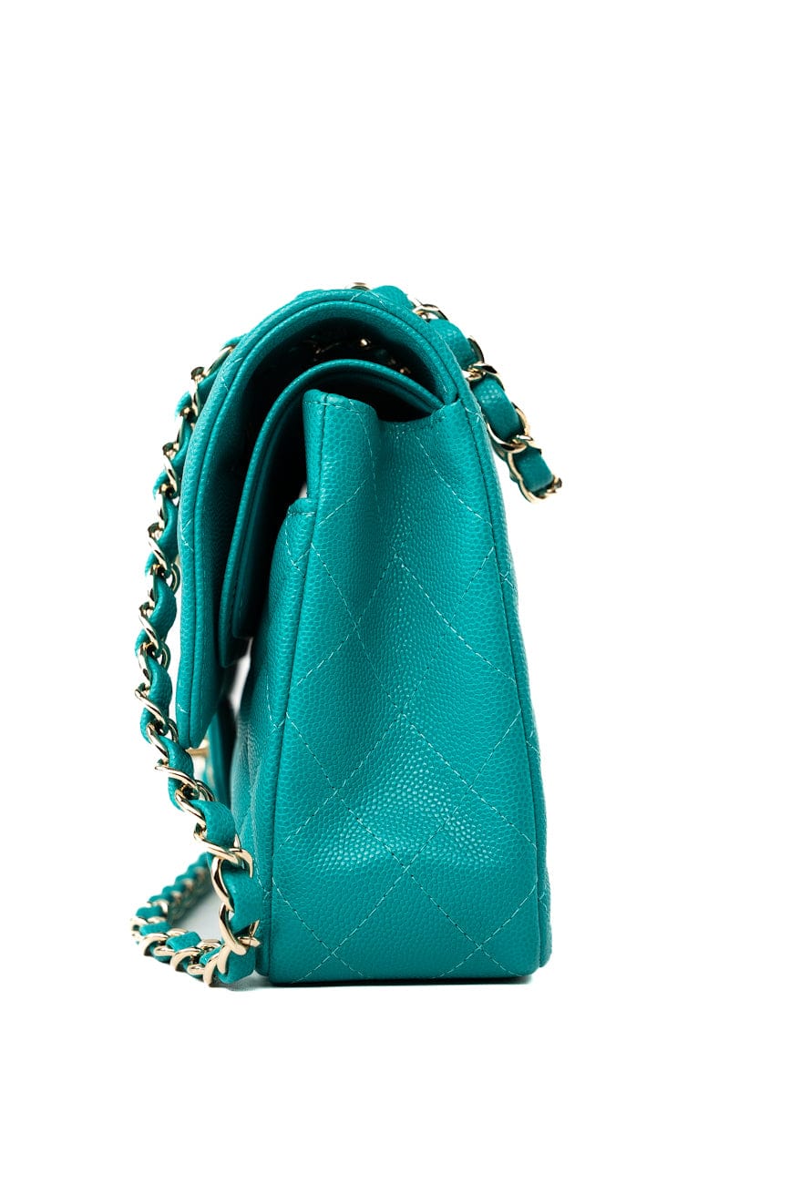17C Turquoise Caviar Quilted Classic Flap Medium LGHW w/ Edge Stitching