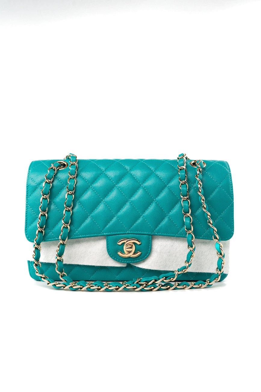 17C Turquoise Caviar Quilted Classic Flap Medium LGHW w/ Edge Stitching