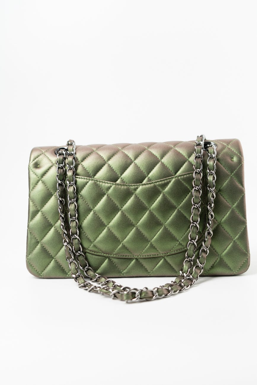 17S Green Iridescent Lambskin Quilted Classic Flap Medium RHW