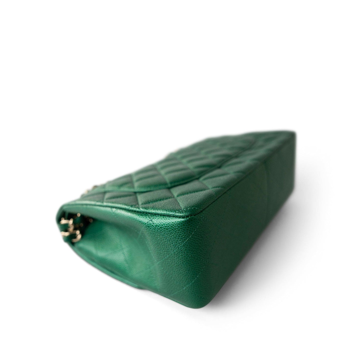 18S Emerald Green Caviar Quilted Jumbo Classic Flap Light Gold Hardware