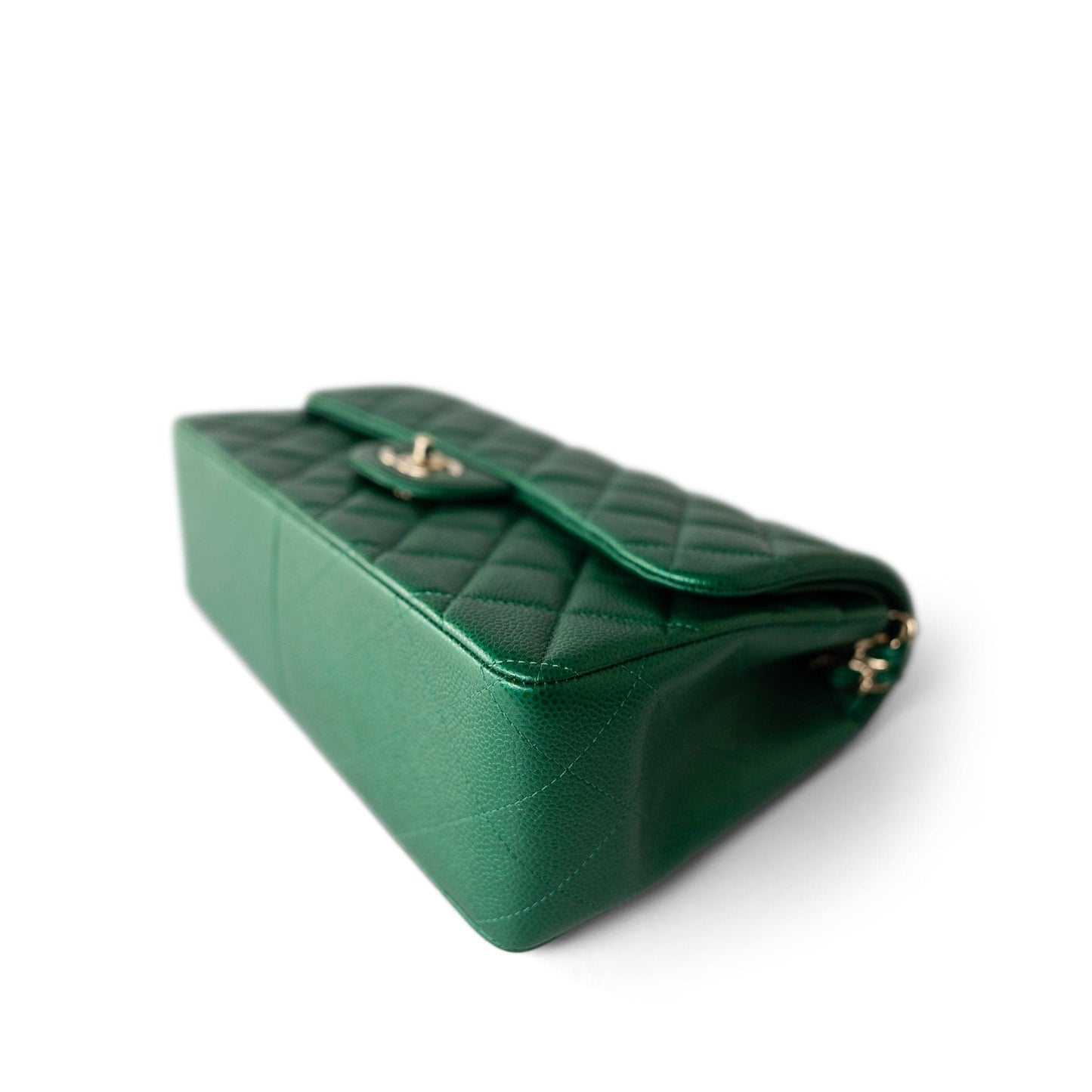 18S Emerald Green Caviar Quilted Jumbo Classic Flap Light Gold Hardware