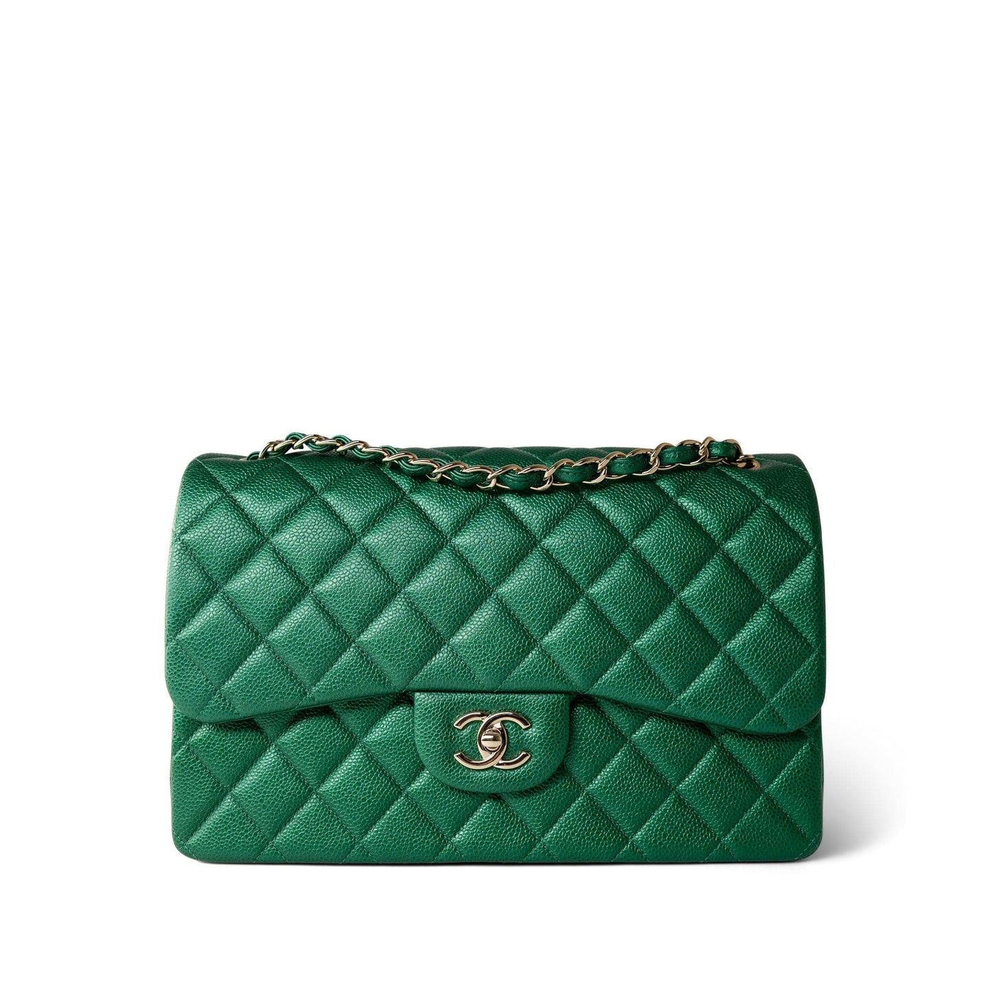 18S Emerald Green Caviar Quilted Jumbo Classic Flap Light Gold Hardware