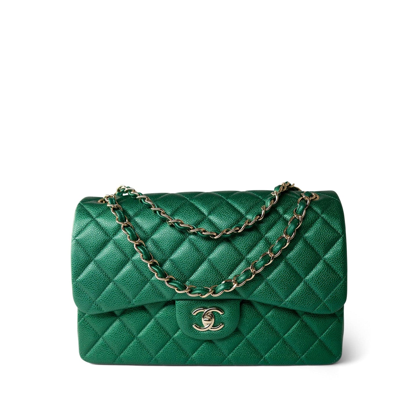 18S Emerald Green Caviar Quilted Jumbo Classic Flap Light Gold Hardware