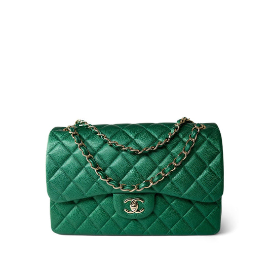 18S Emerald Green Caviar Quilted Jumbo Classic Flap Light Gold Hardware