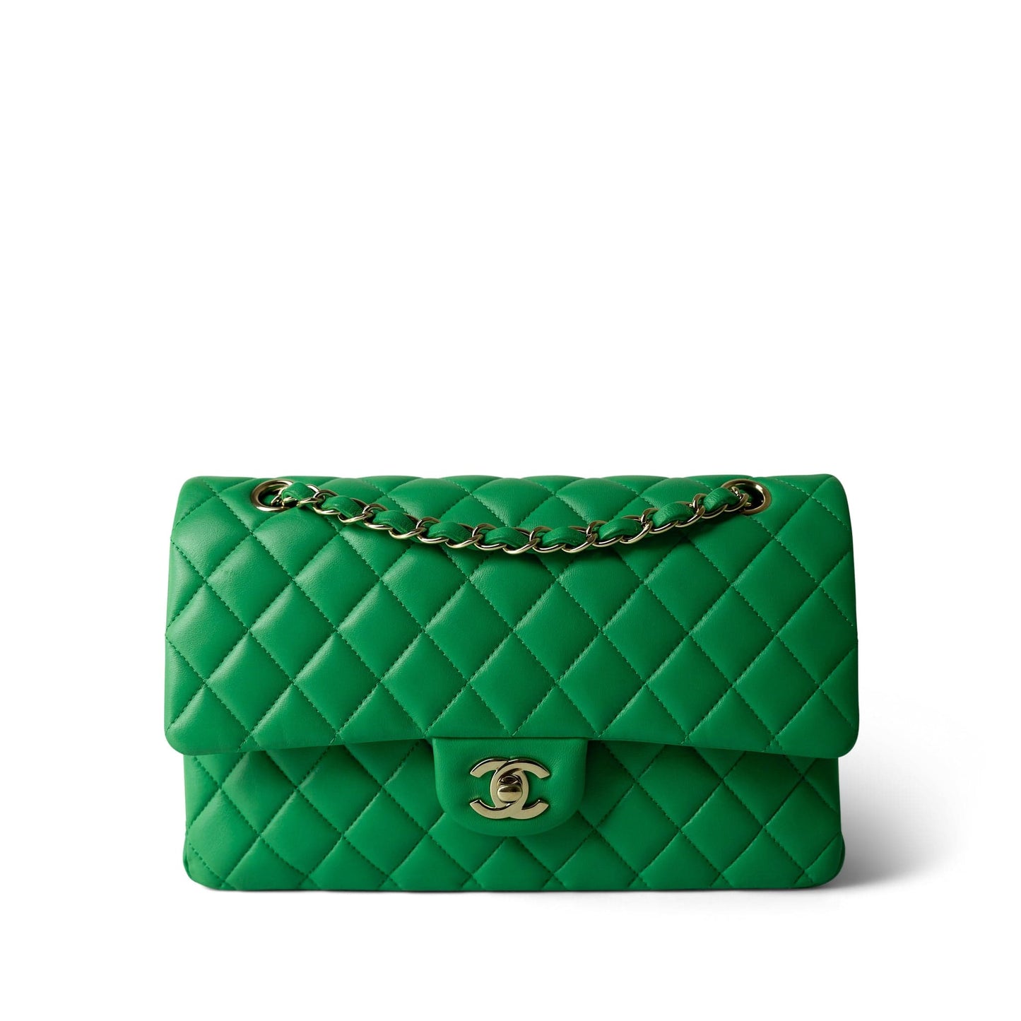 20S Green Lambskin Quilted Classic Flap Medium Light Gold Hardware