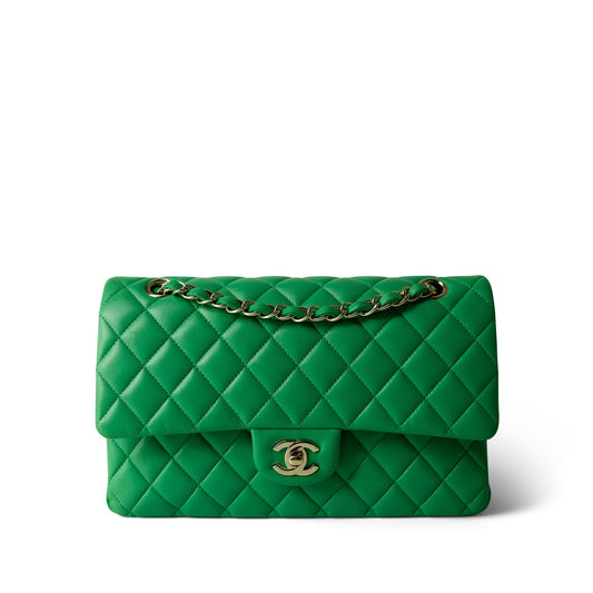 20S Green Lambskin Quilted Classic Flap Medium Light Gold Hardware