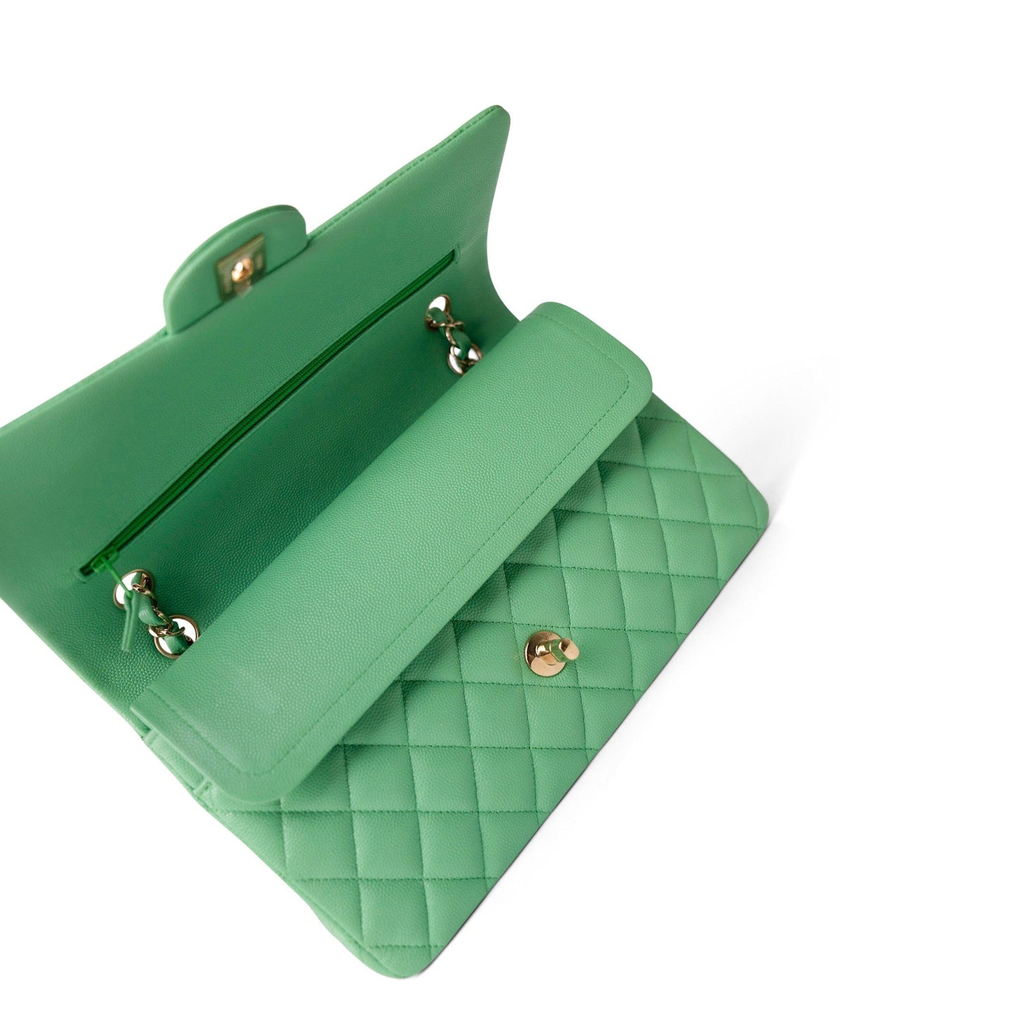 21P Green Caviar Quilted Classic Flap Medium Light Gold Hardware