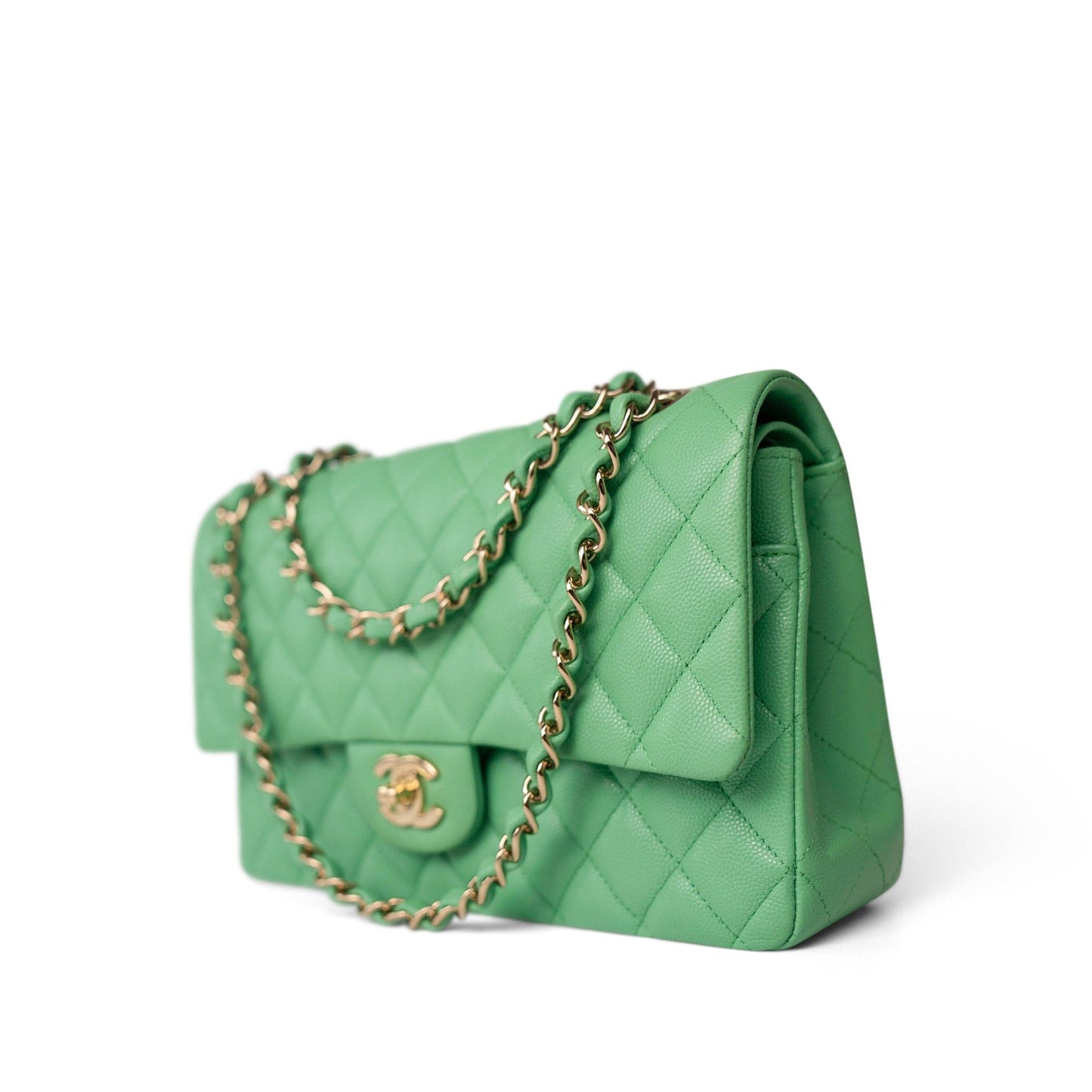 21P Green Caviar Quilted Classic Flap Medium Light Gold Hardware