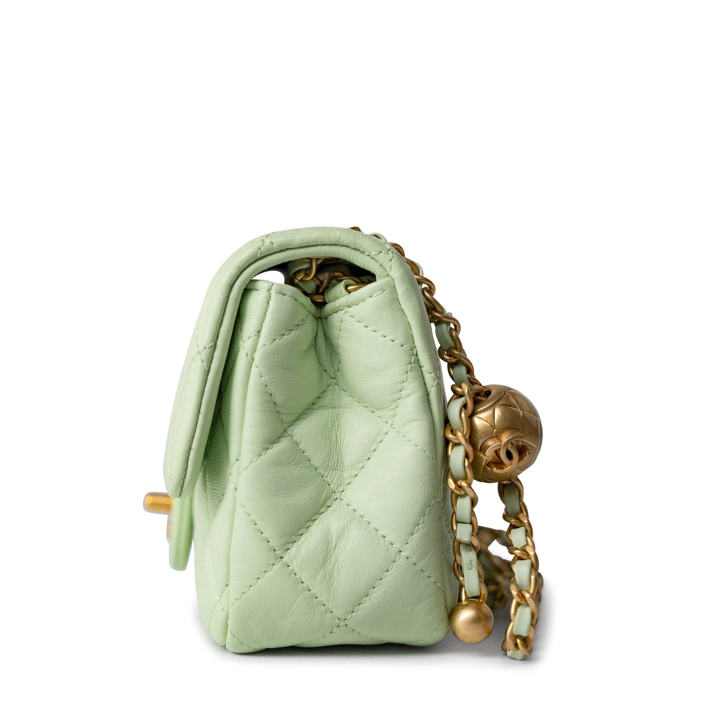 22C Light Green Lambskin Quilted Pearl Crush Mini Rectangular Flap Aged Gold Hardware