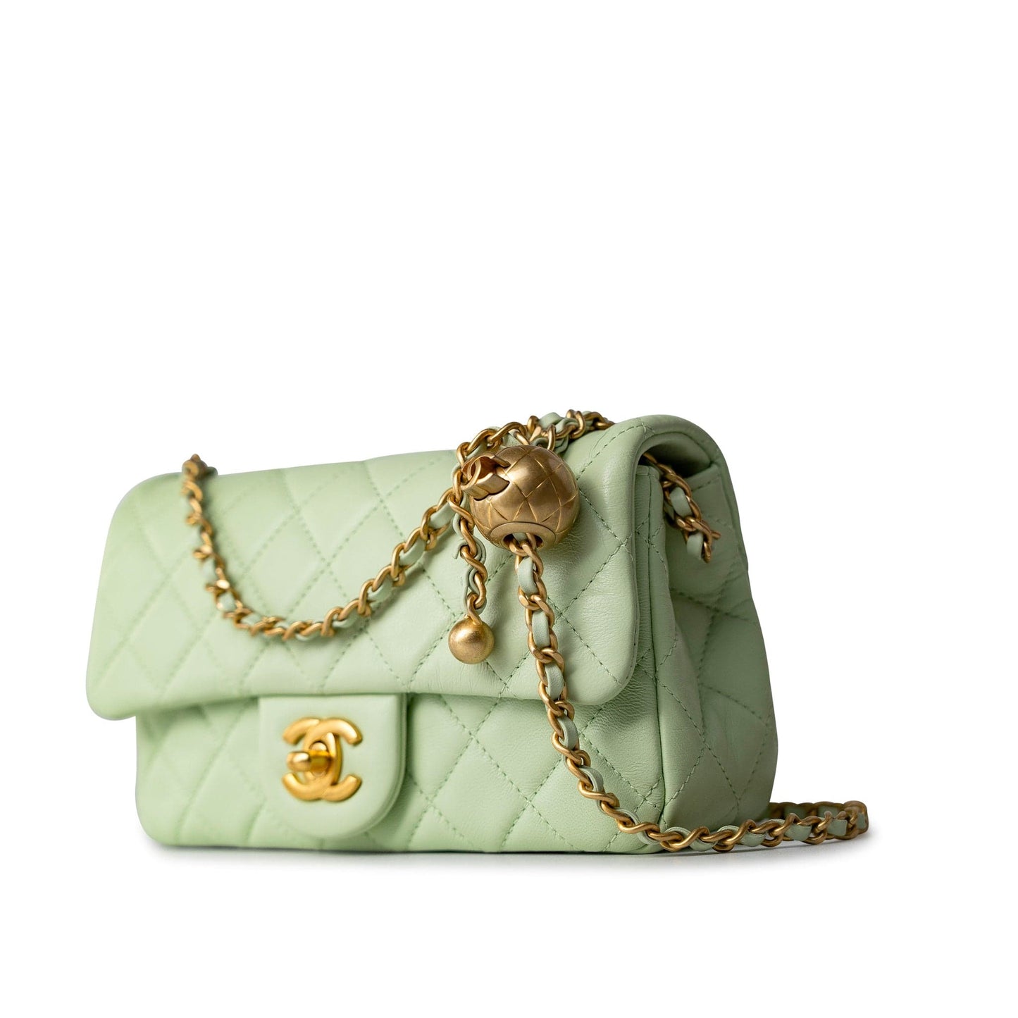 22C Light Green Lambskin Quilted Pearl Crush Mini Rectangular Flap Aged Gold Hardware