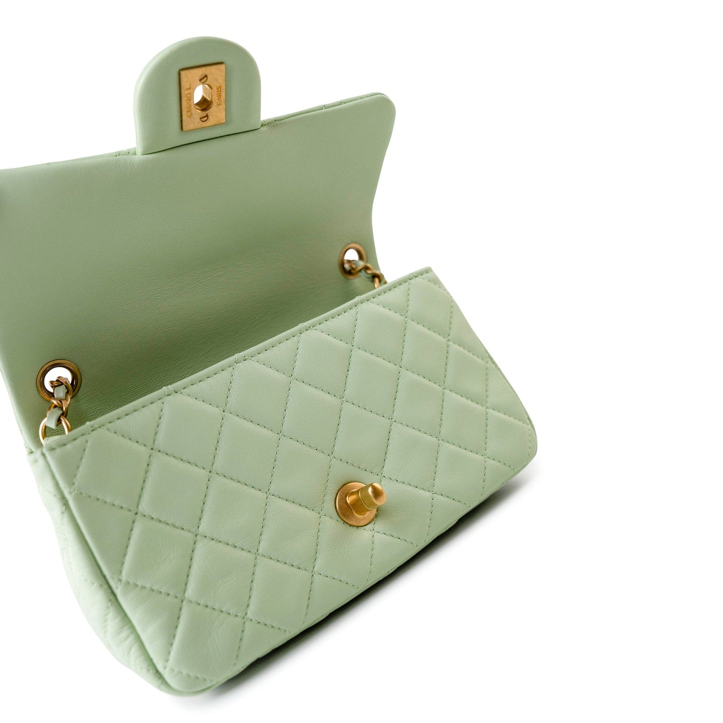 22C Light Green Lambskin Quilted Pearl Crush Mini Rectangular Flap Aged Gold Hardware