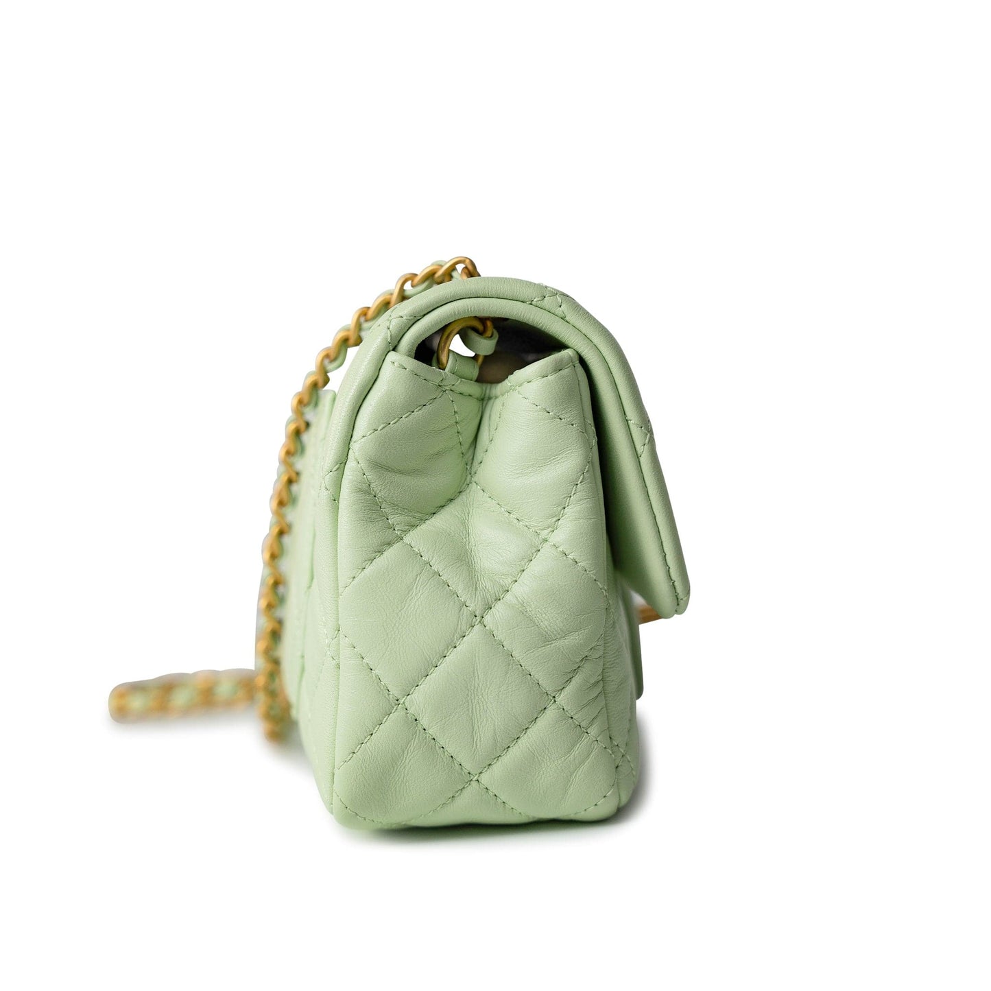 22C Light Green Lambskin Quilted Pearl Crush Mini Rectangular Flap Aged Gold Hardware