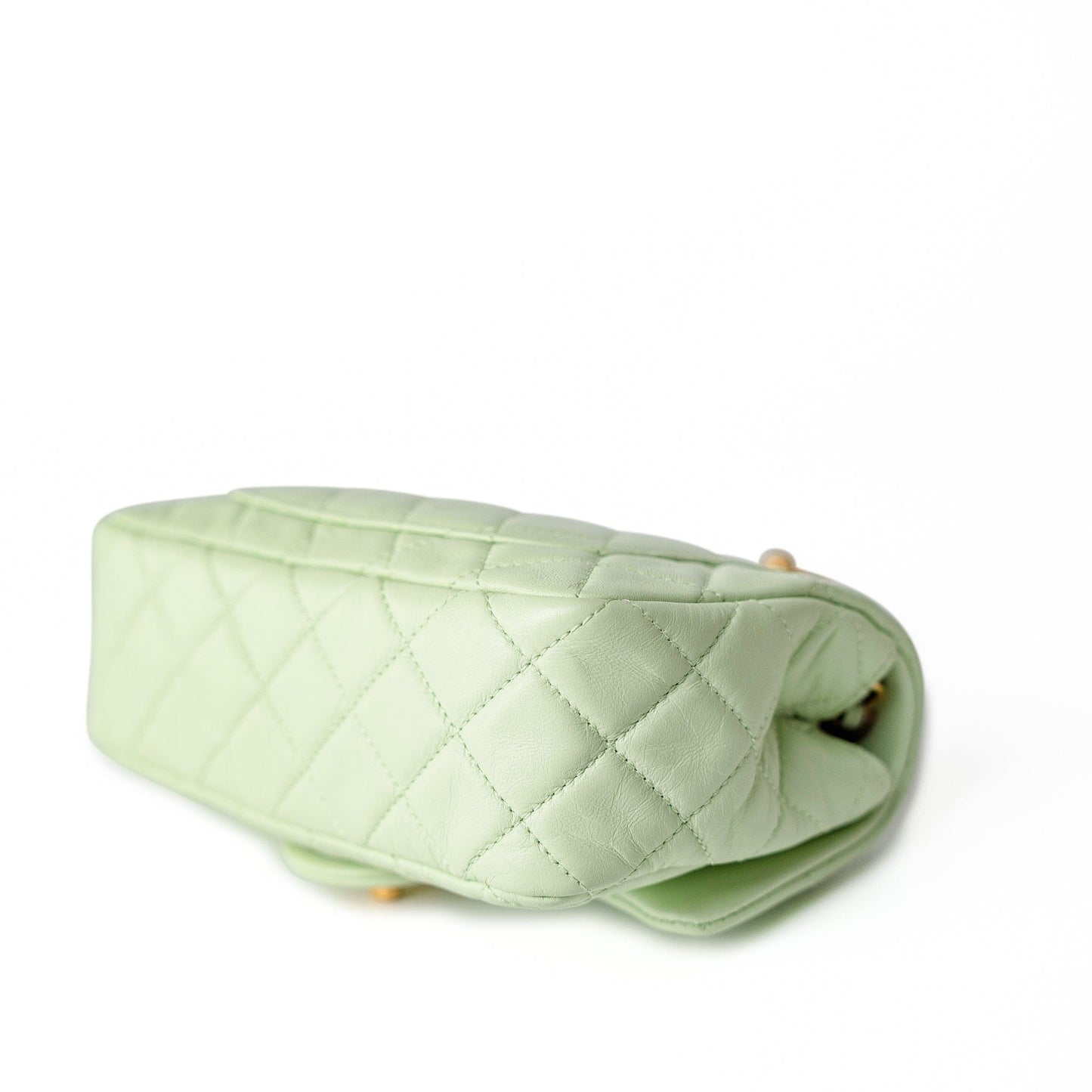 22C Light Green Lambskin Quilted Pearl Crush Mini Rectangular Flap Aged Gold Hardware