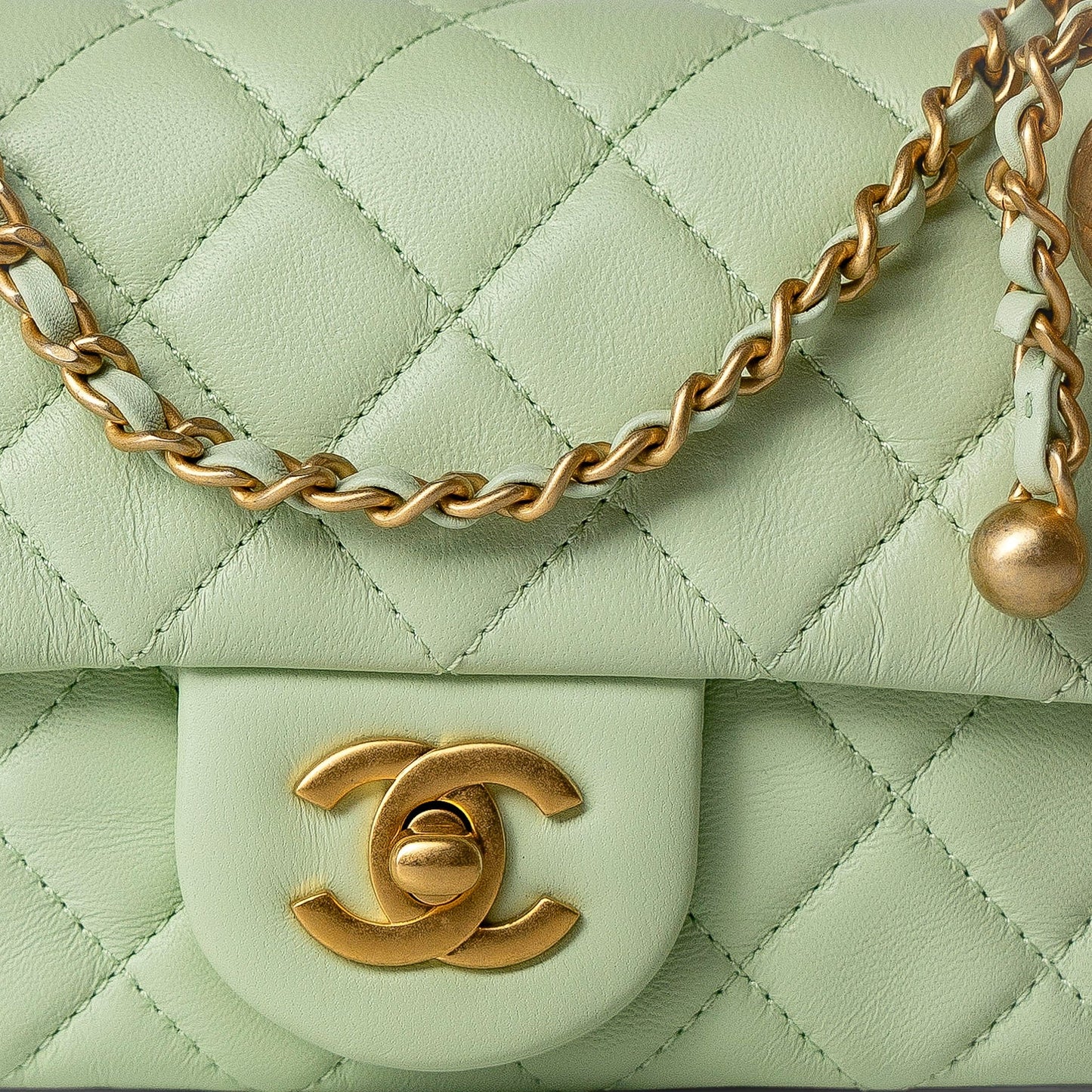 22C Light Green Lambskin Quilted Pearl Crush Mini Rectangular Flap Aged Gold Hardware