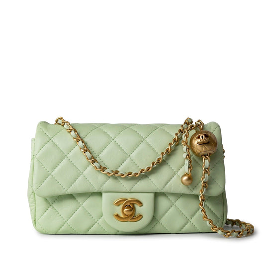 22C Light Green Lambskin Quilted Pearl Crush Mini Rectangular Flap Aged Gold Hardware
