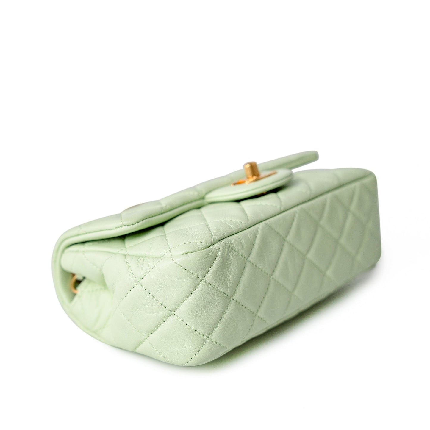 22C Light Green Lambskin Quilted Pearl Crush Mini Rectangular Flap Aged Gold Hardware