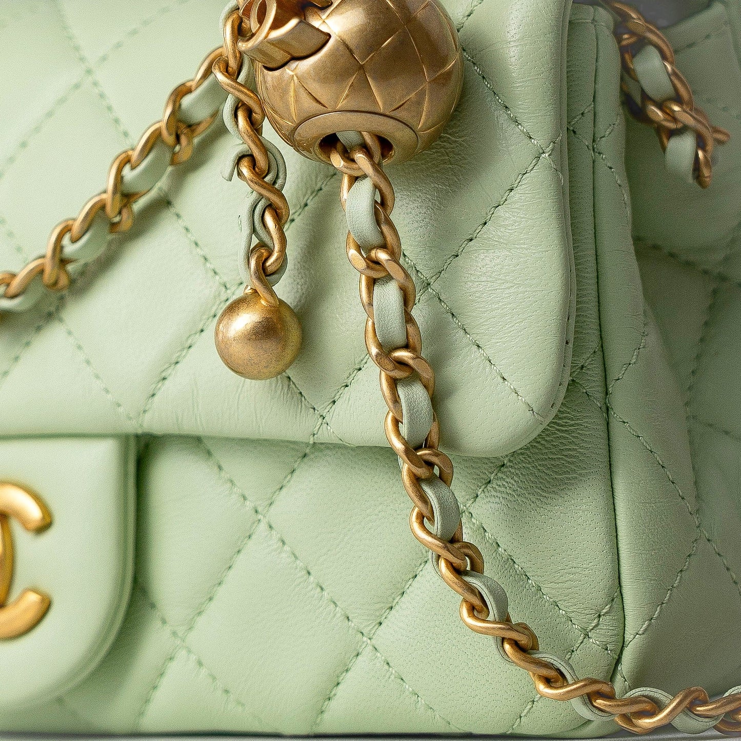 22C Light Green Lambskin Quilted Pearl Crush Mini Rectangular Flap Aged Gold Hardware