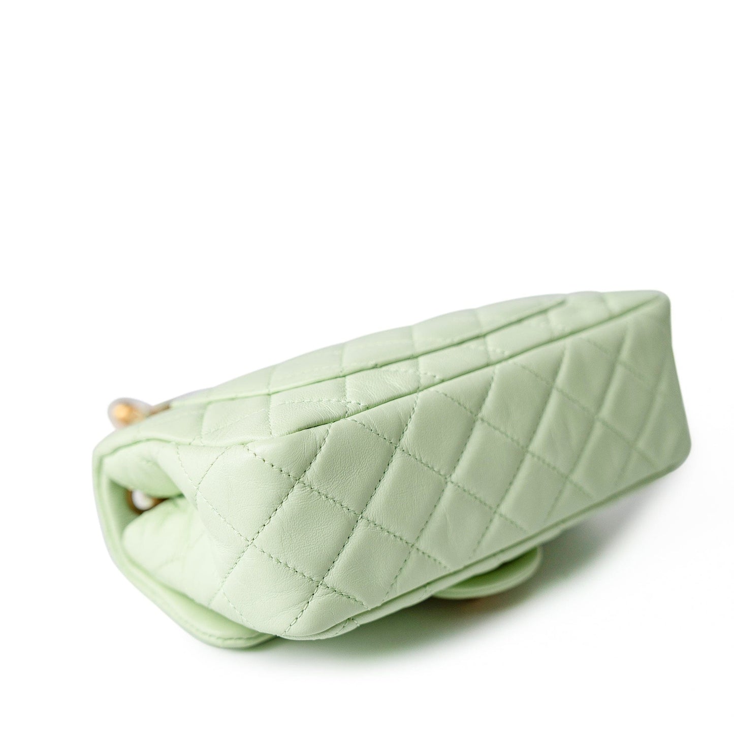 22C Light Green Lambskin Quilted Pearl Crush Mini Rectangular Flap Aged Gold Hardware