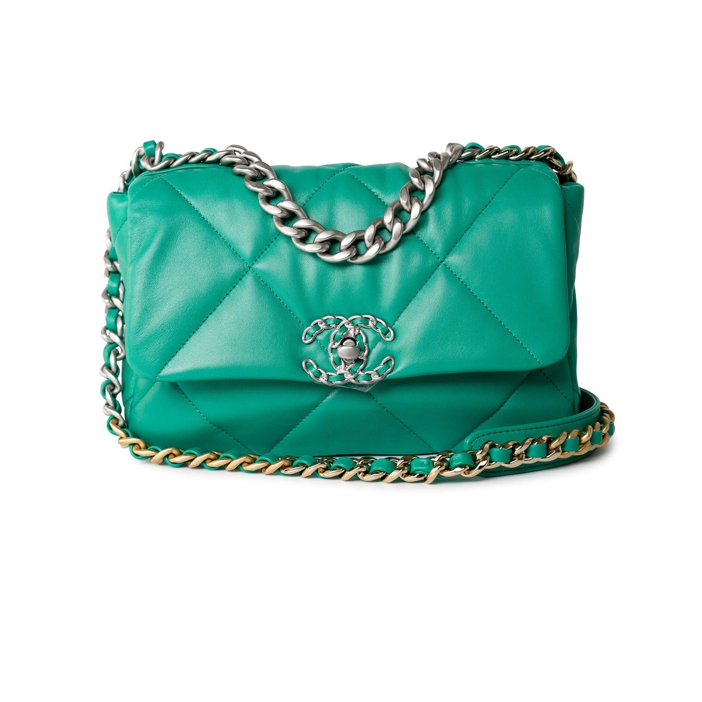 23P Green Lambskin Quilted 19 Flap Small Mixed / Reverse Hardware